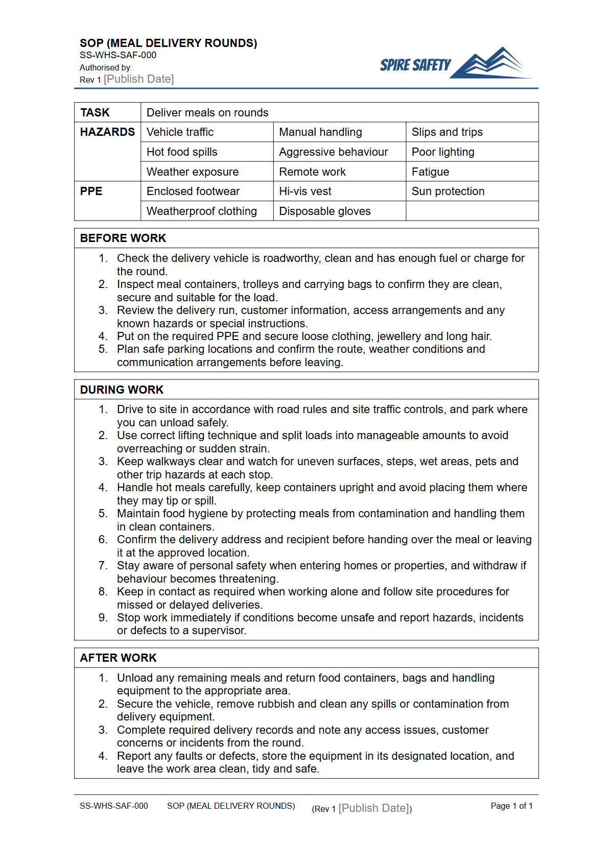 Free Safe Operating Procedure (Meal Delivery Rounds) Template — document preview