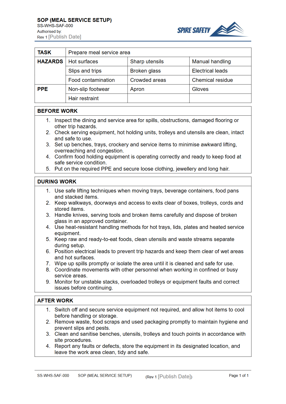 Free Safe Operating Procedure (Meal Service Setup) Template — document preview