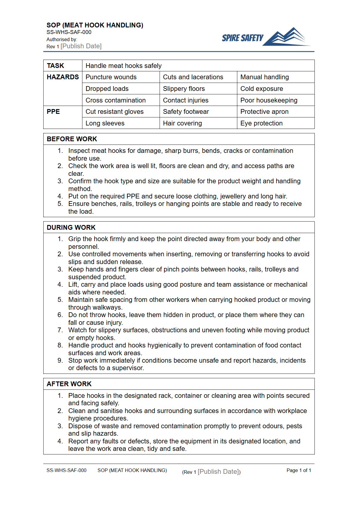 Free Safe Operating Procedure (Meat Hook Handling) Template — document preview