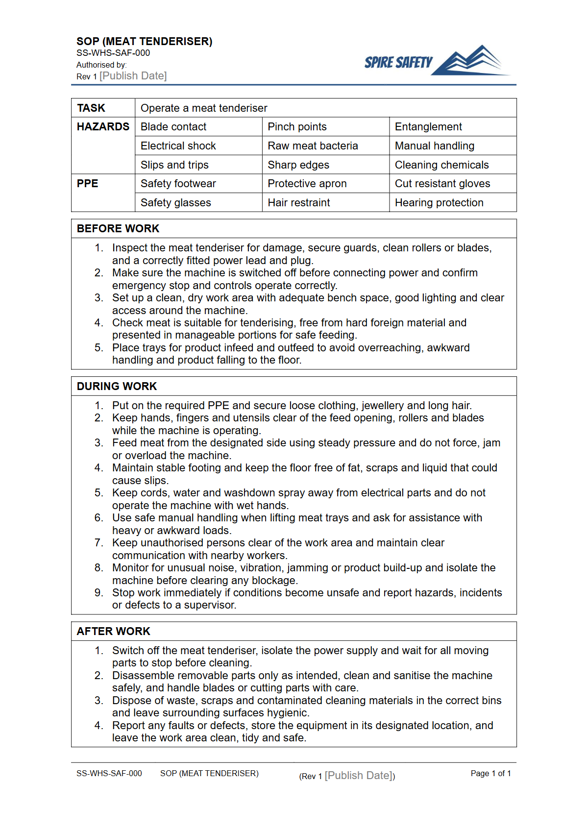 Free Safe Operating Procedure (Meat Tenderiser) Template — document preview