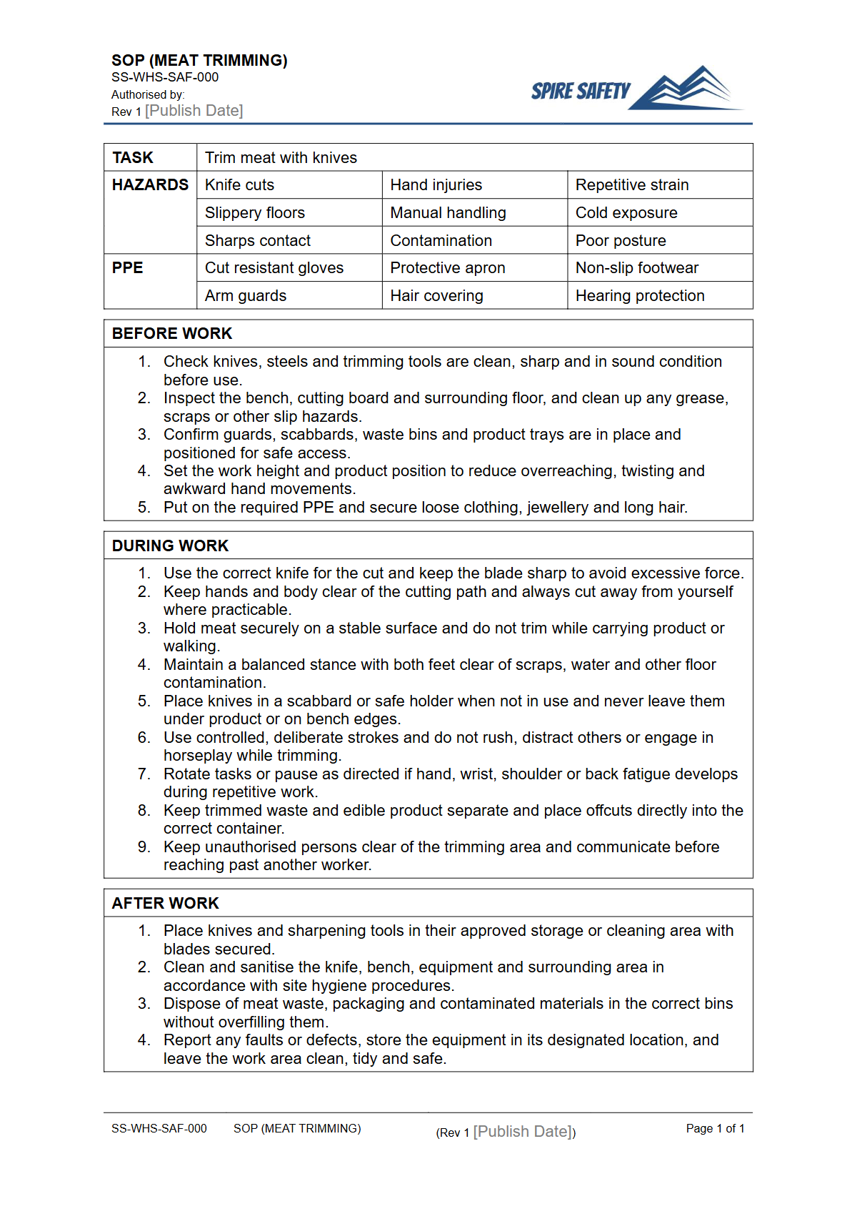 Free Safe Operating Procedure (Meat Trimming) Template — document preview