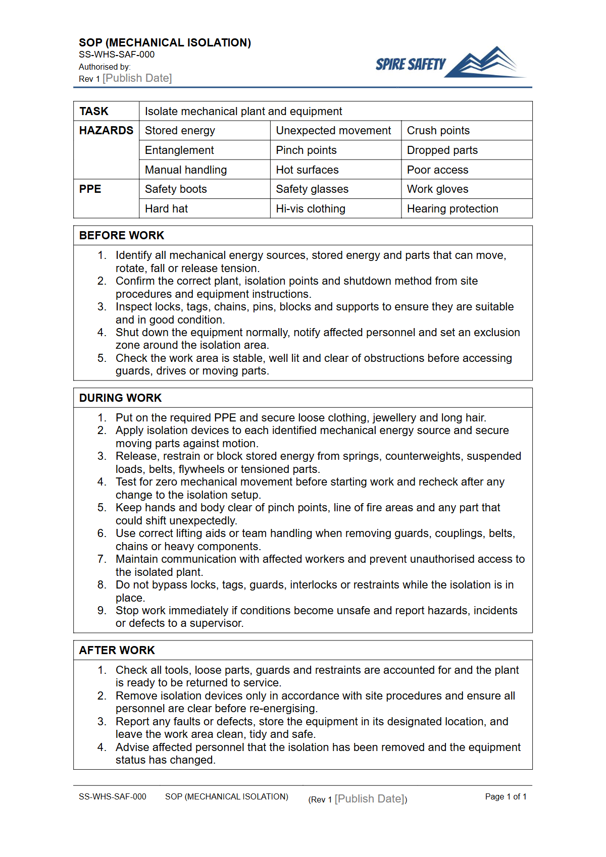 Free Safe Operating Procedure (Mechanical Isolation) Template — document preview