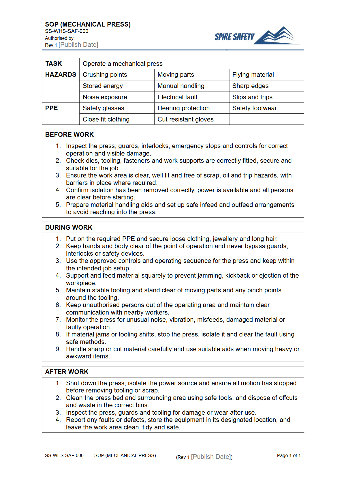 Free Safe Operating Procedure (Mechanical Press) Template — document preview