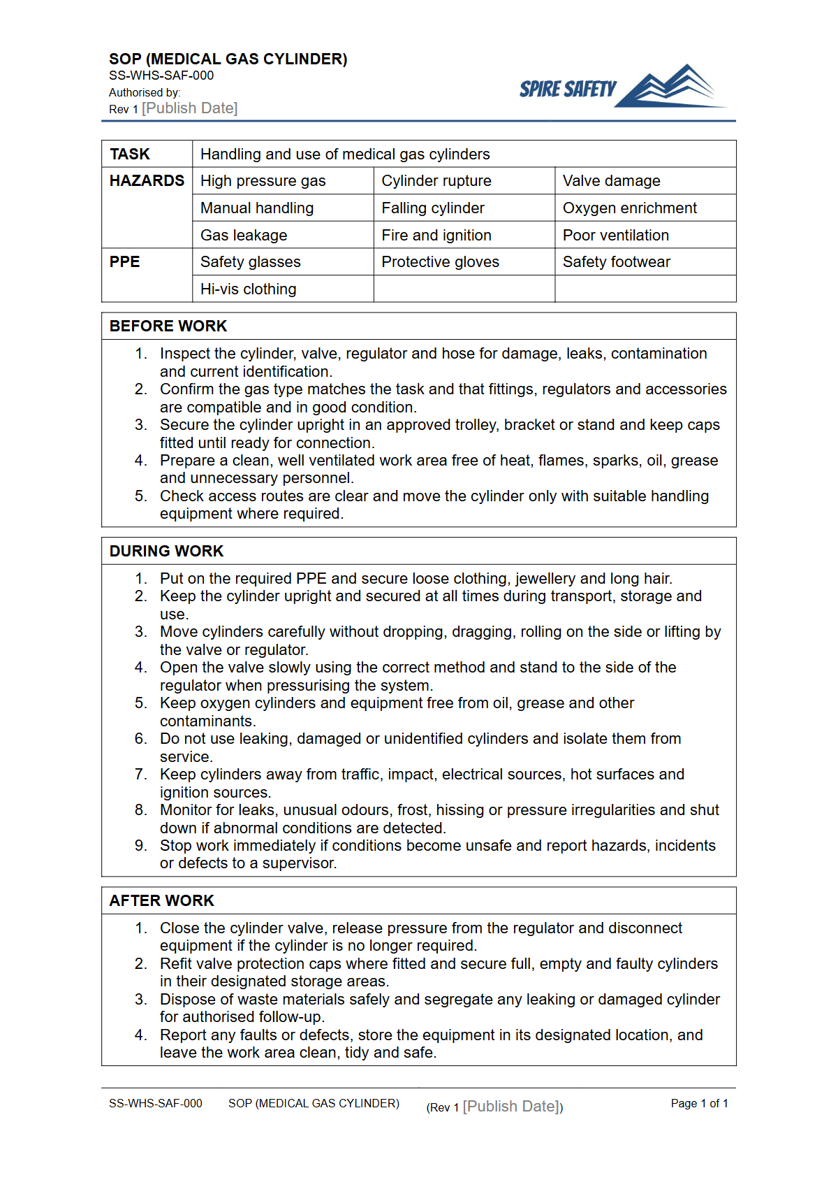 Free Safe Operating Procedure (Medical Gas Cylinder) Template — document preview