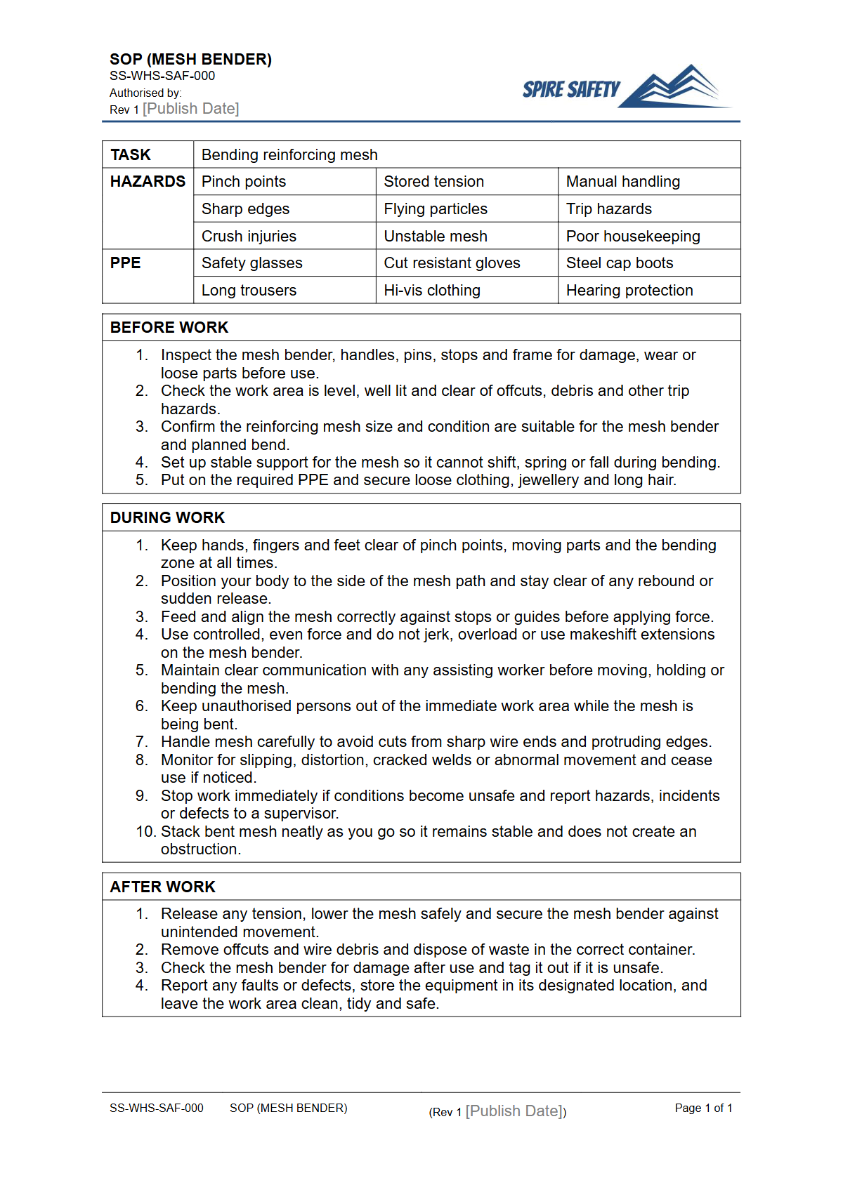 Free Safe Operating Procedure (Mesh Bender) Template — document preview
