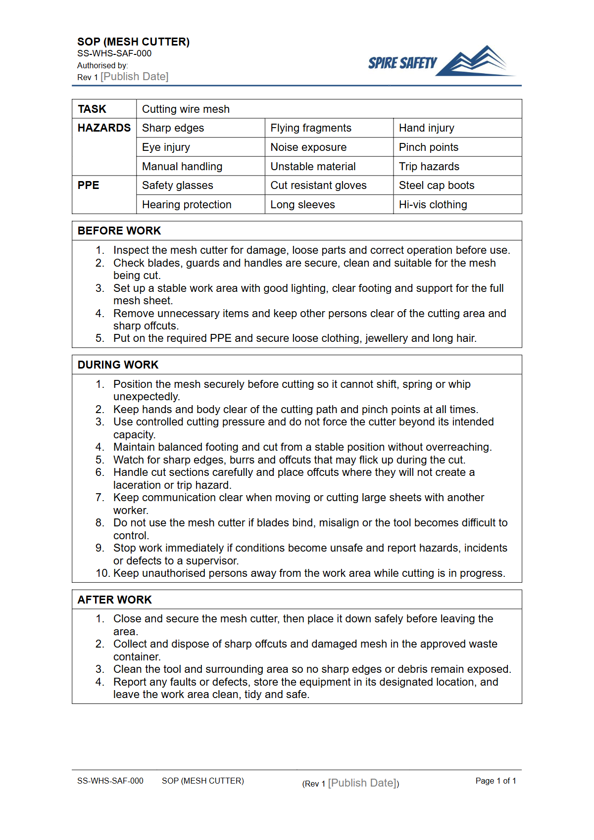 Free Safe Operating Procedure (Mesh Cutter) Template — document preview
