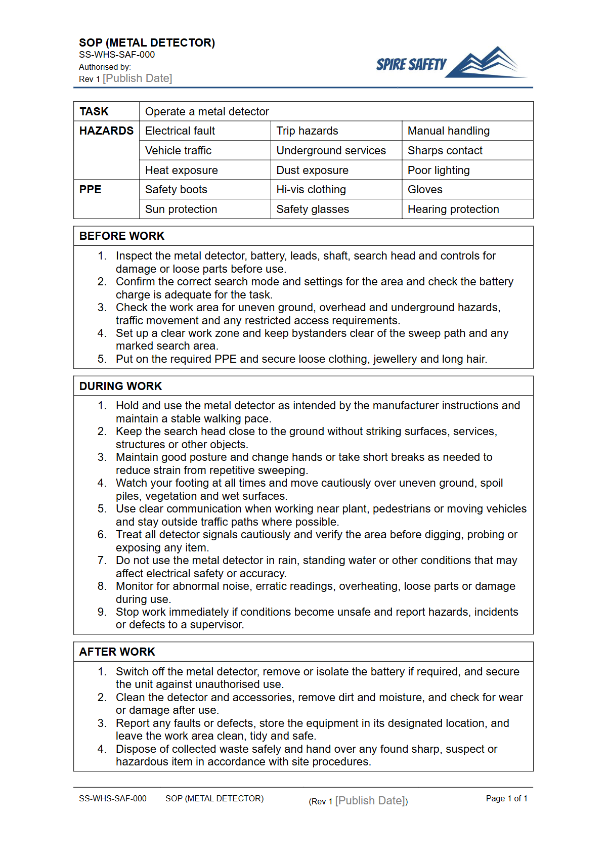 Free Safe Operating Procedure (Metal Detector) Template — document preview