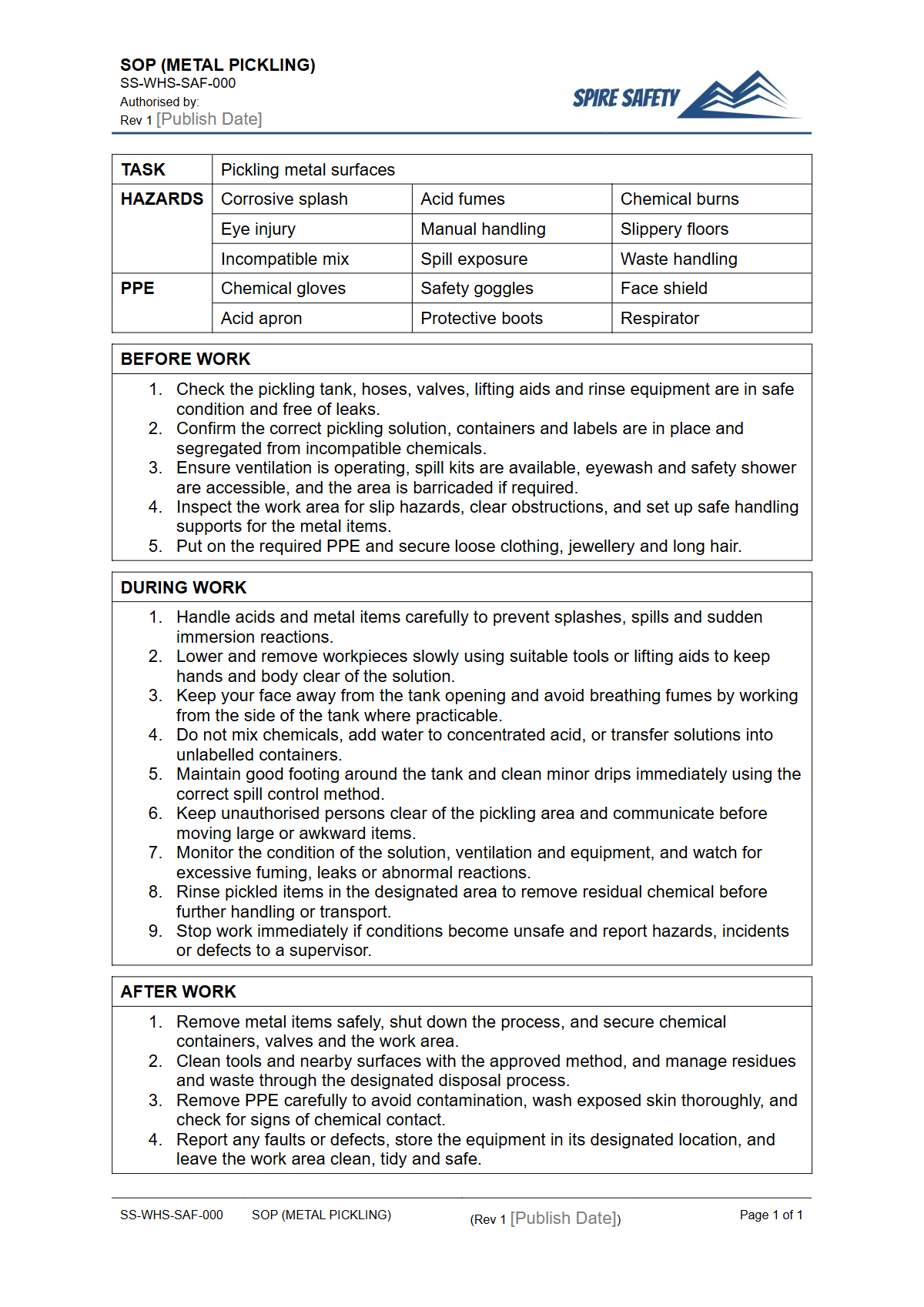 Free Safe Operating Procedure (Metal Pickling) Template — document preview