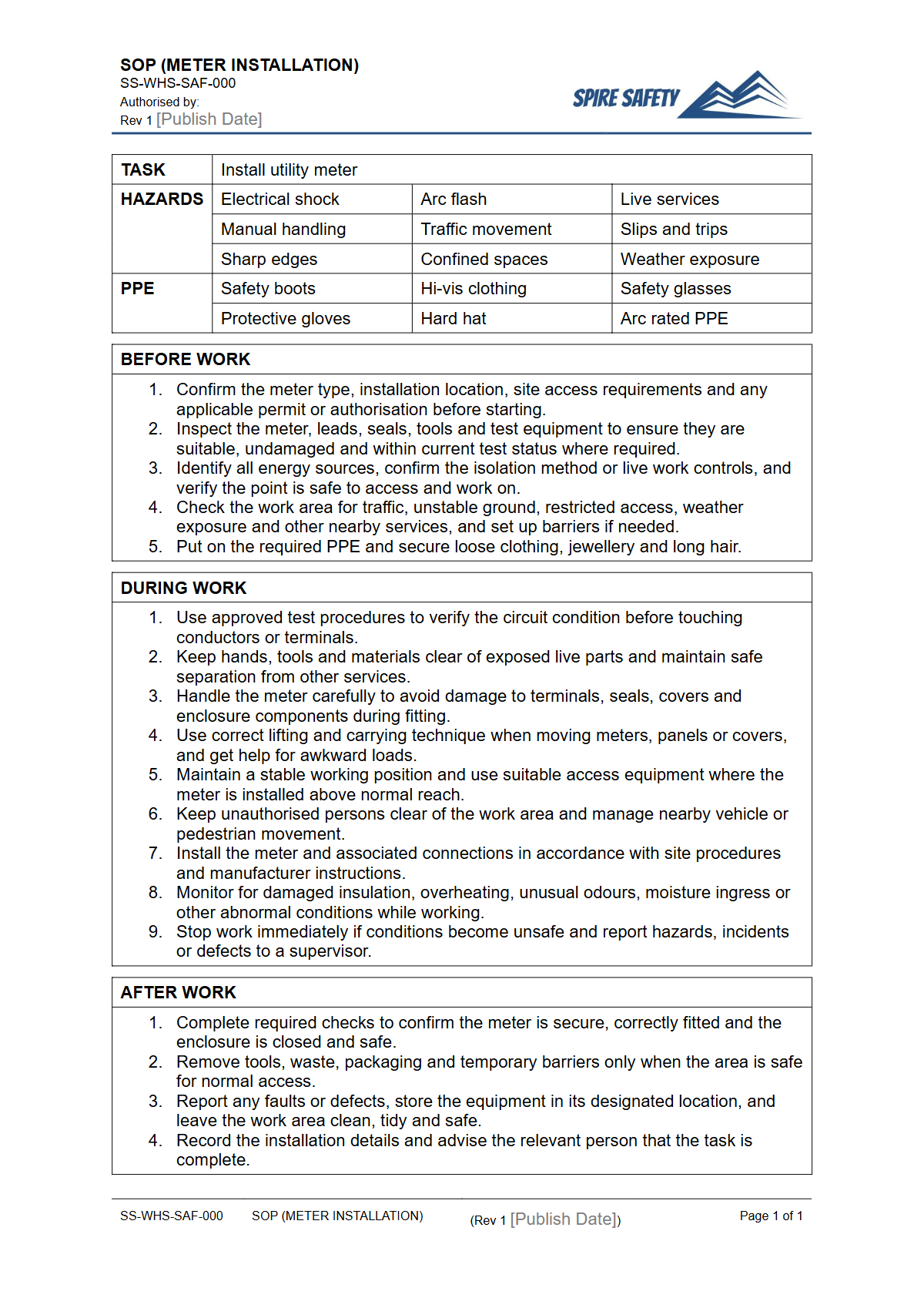 Free Safe Operating Procedure (Meter Installation) Template — document preview