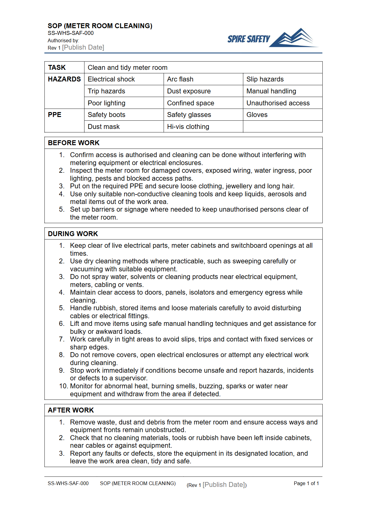 Free Safe Operating Procedure (Meter Room Cleaning) Template — document preview