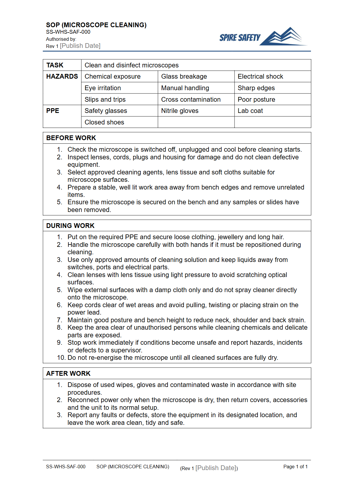 Free Safe Operating Procedure (Microscope Cleaning) Template — document preview