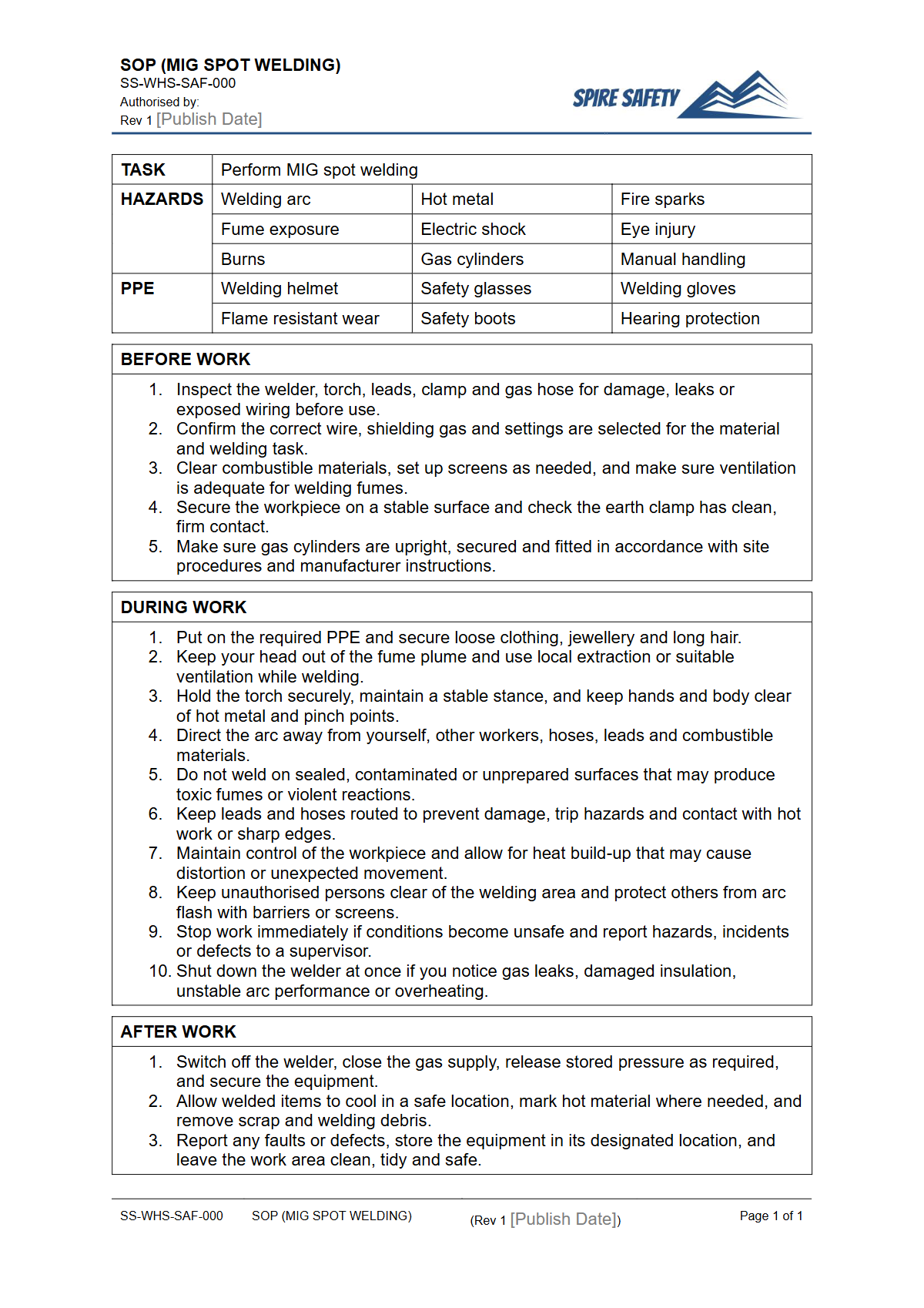 Free Safe Operating Procedure (MIG Spot Welding) Template — document preview