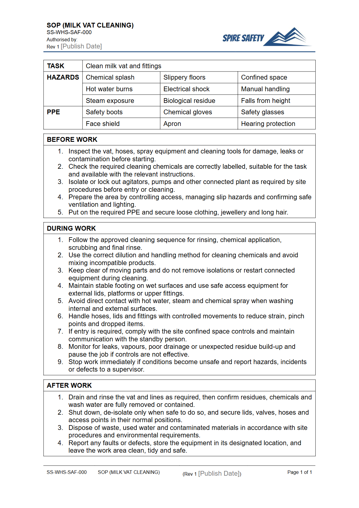 Free Safe Operating Procedure (Milk Vat Cleaning) Template — document preview