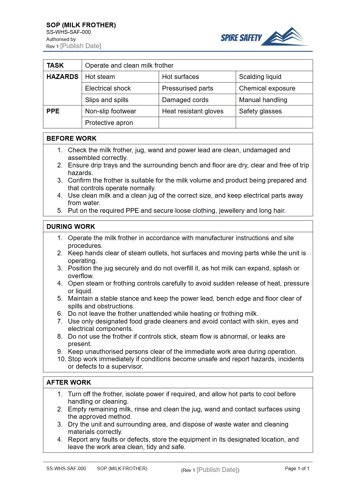 Free Safe Operating Procedure (Milk Frother) Template — document preview