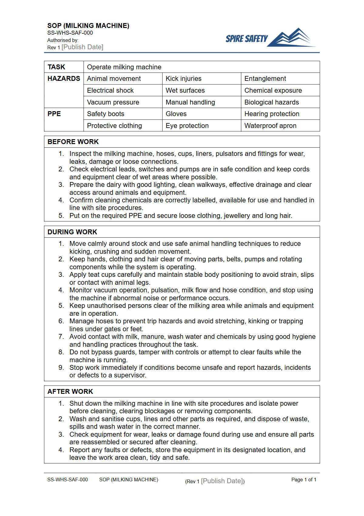 Free Safe Operating Procedure (Milking Machine) Template — document preview