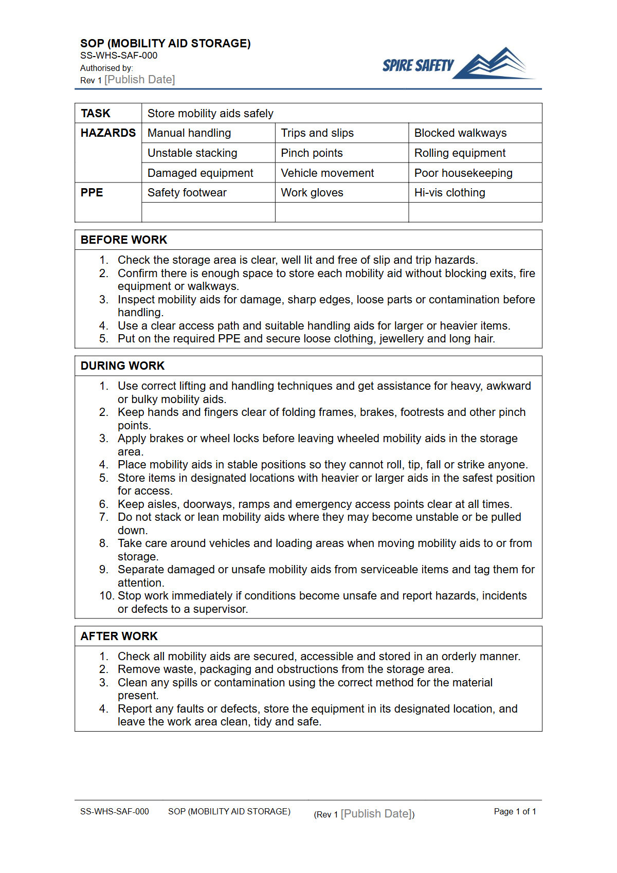 Free Safe Operating Procedure (Mobility Aid Storage) Template — document preview