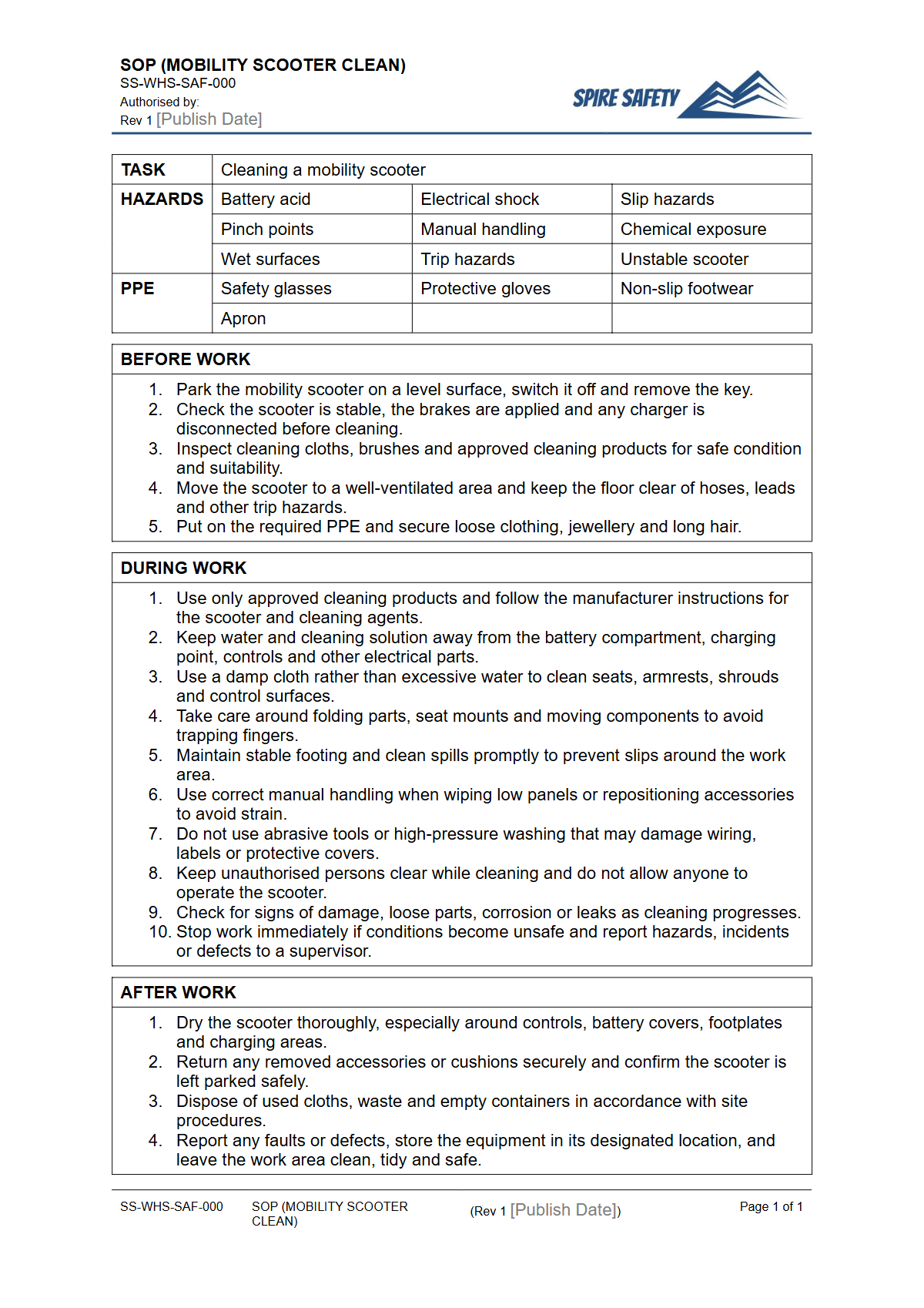 Free Safe Operating Procedure (Mobility Scooter Clean) Template — document preview
