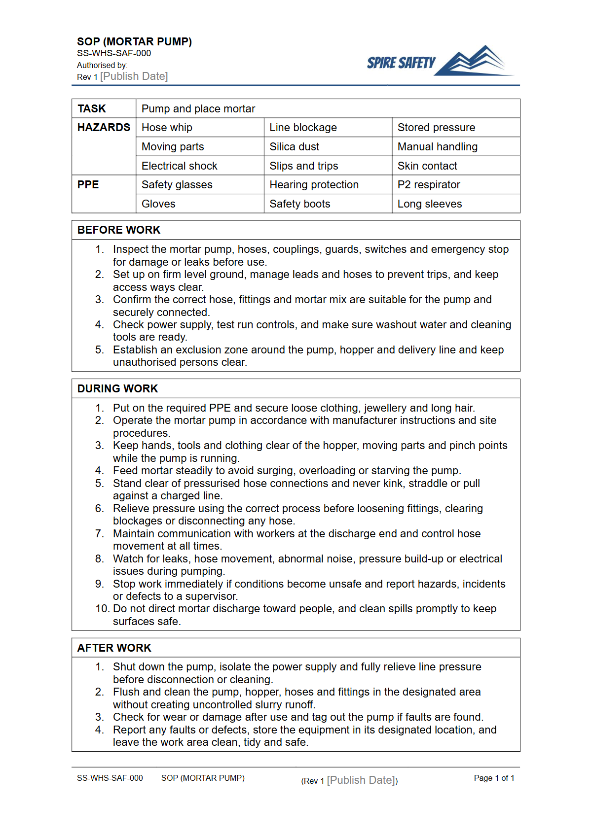 Free Safe Operating Procedure (Mortar Pump) Template — document preview