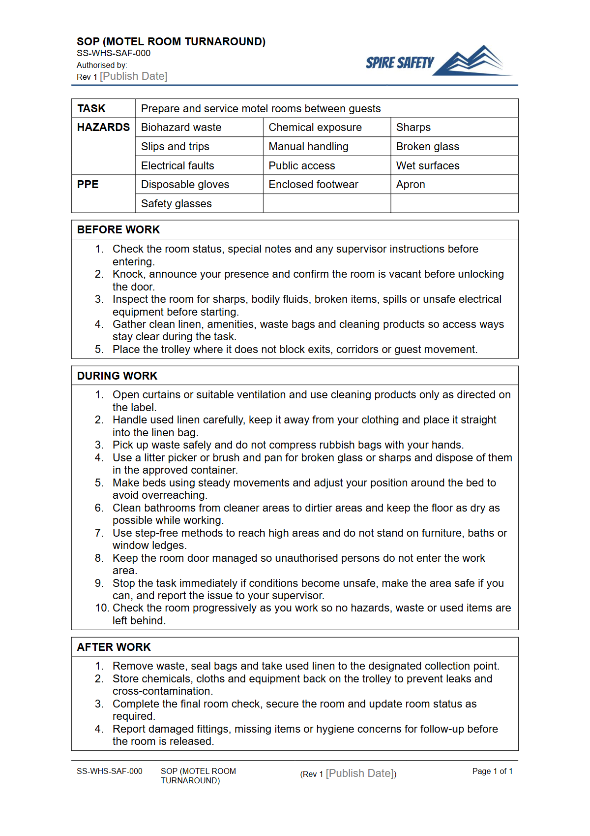 Free Safe Operating Procedure (Motel Room Turnaround) Template — document preview