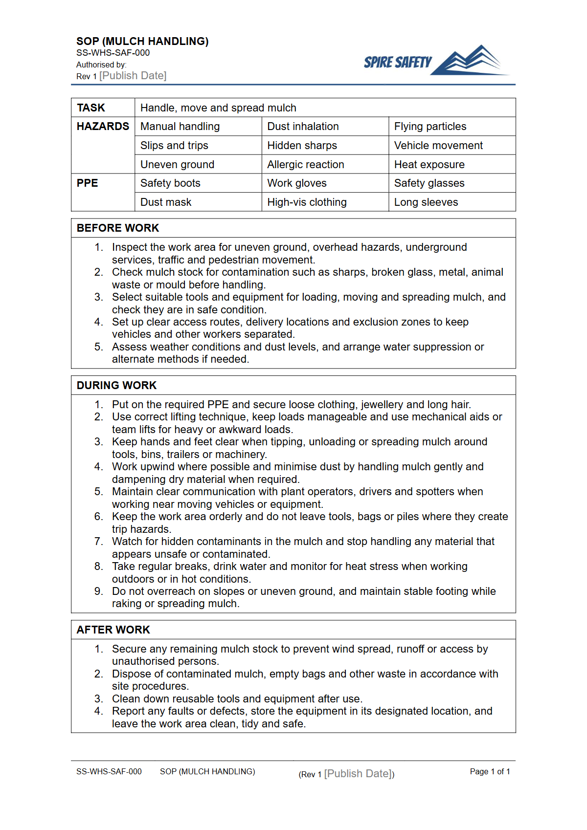 Free Safe Operating Procedure (Mulch Handling) Template — document preview