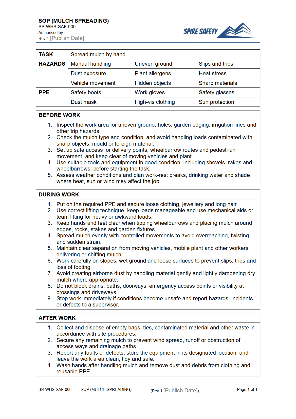 Free Safe Operating Procedure (Mulch Spreading) Template — document preview