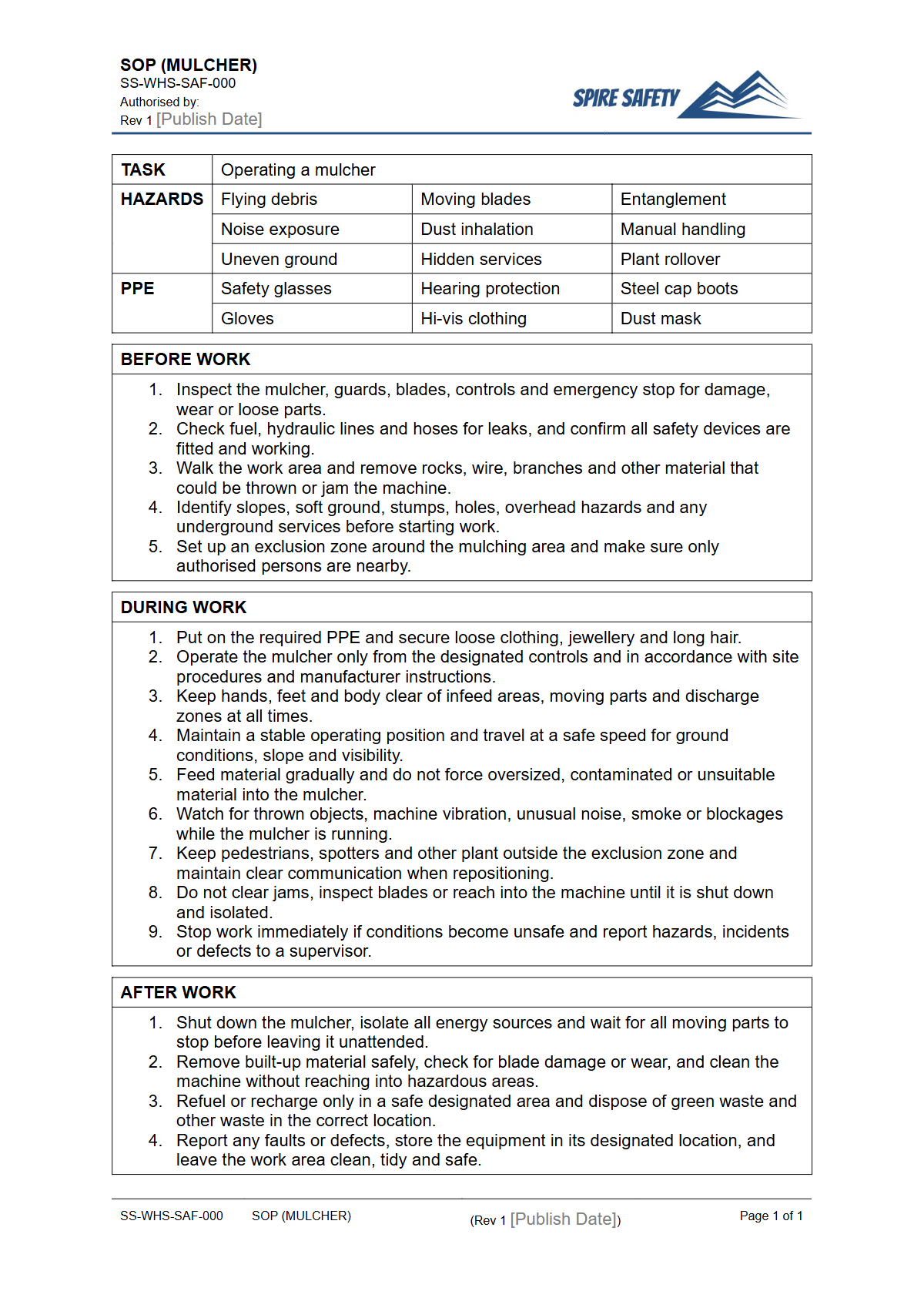 Free Safe Operating Procedure (Mulcher) Template — document preview