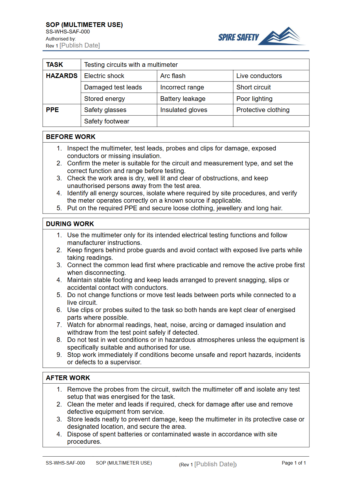 Free Safe Operating Procedure (Multimeter Use) Template — document preview