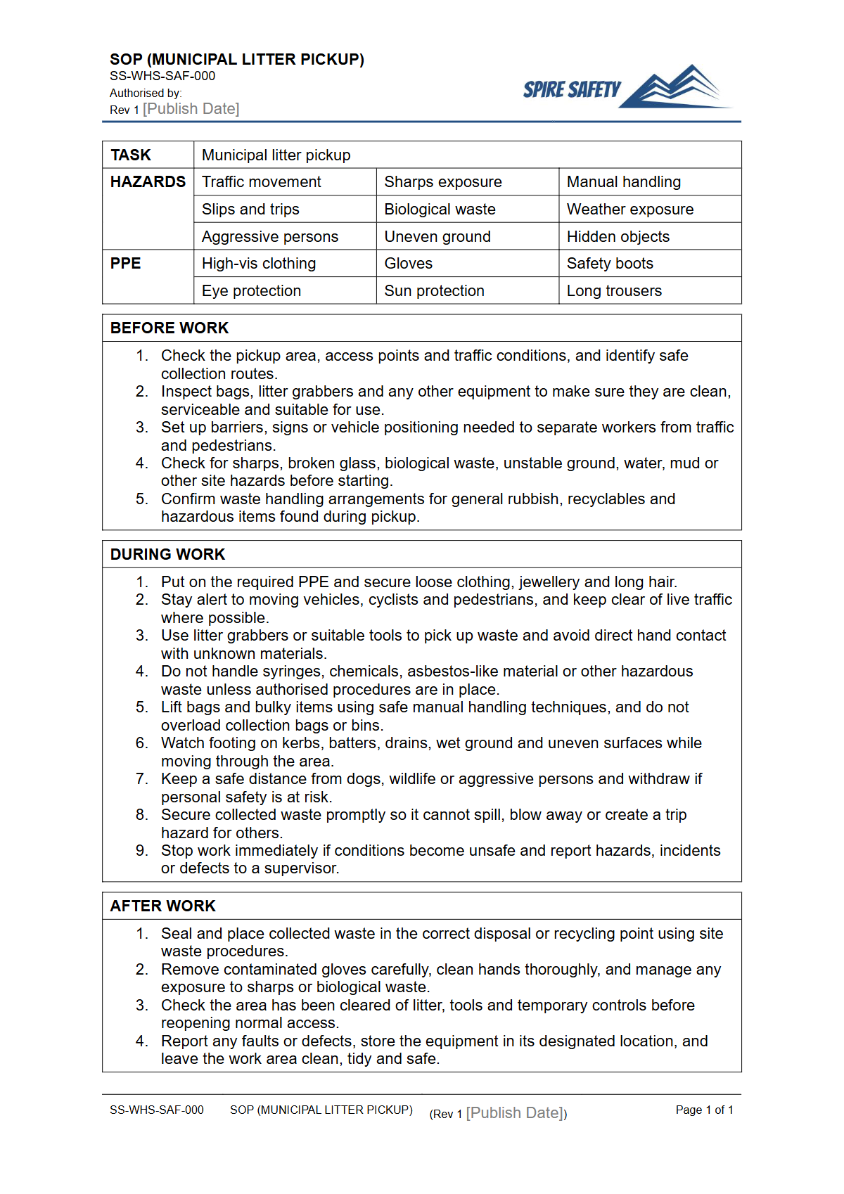 Free Safe Operating Procedure (Municipal Litter Pickup) Template — document preview