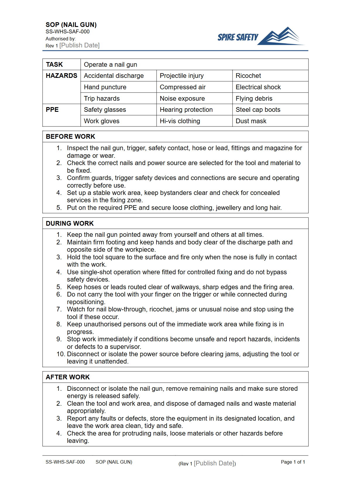 Free Safe Operating Procedure (Nail Gun) Template — document preview