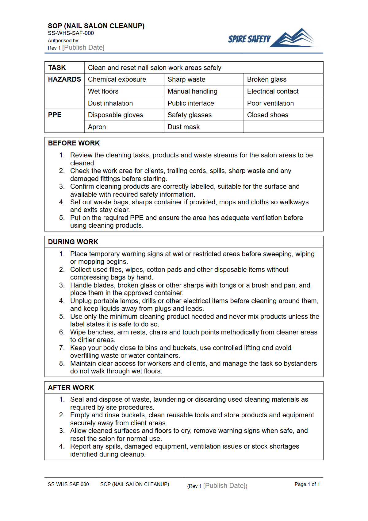 Free Safe Operating Procedure (Nail Salon Cleanup) Template — document preview