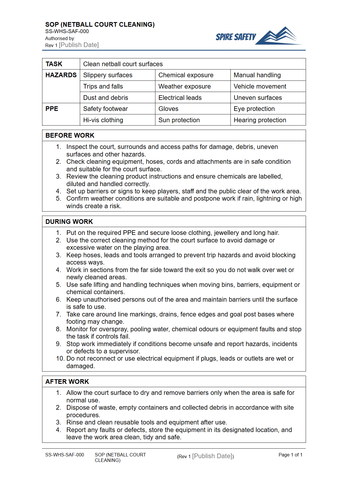Free Safe Operating Procedure (Netball Court Cleaning) Template — document preview