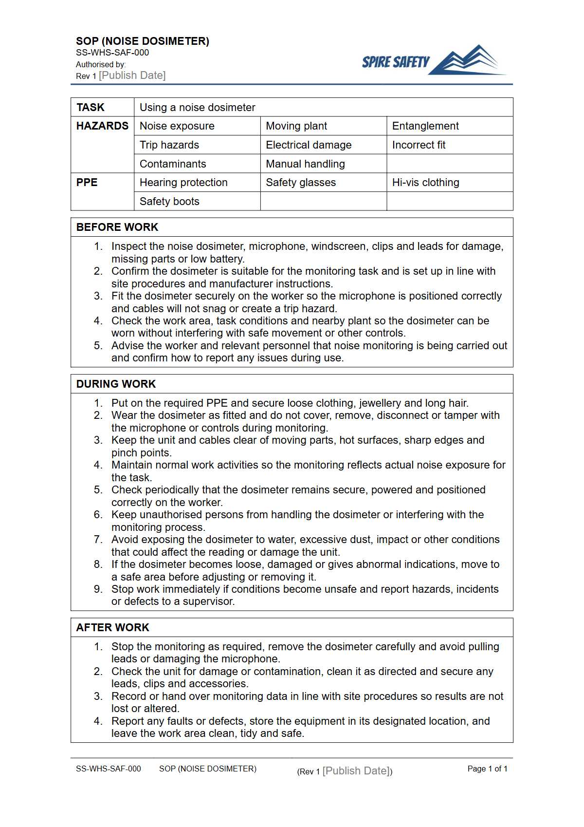 Free Safe Operating Procedure (Noise Dosimeter) Template — document preview