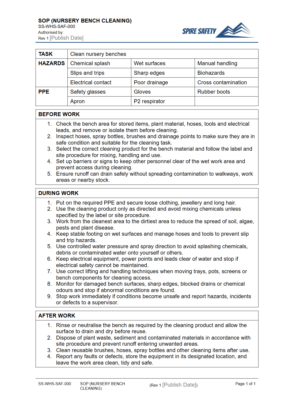 Free Safe Operating Procedure (Nursery Bench Cleaning) Template — document preview