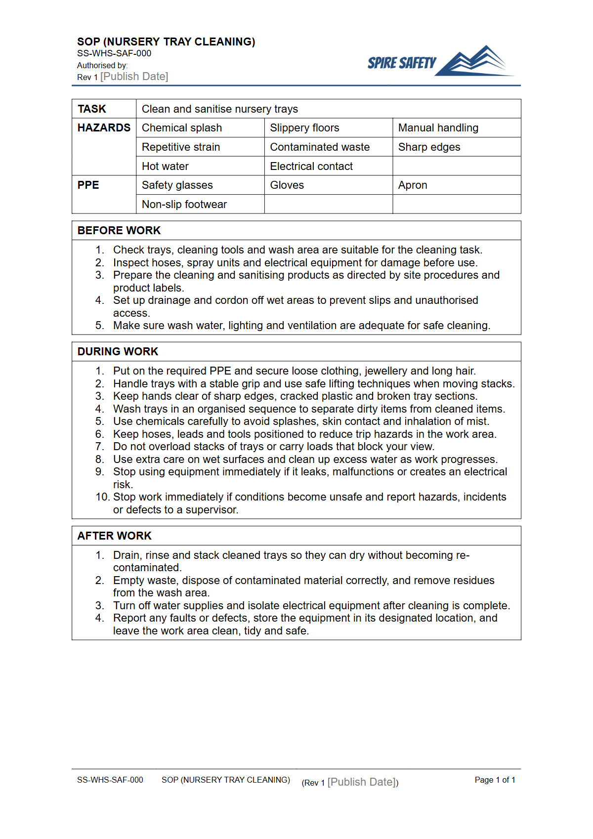 Free Safe Operating Procedure (Nursery Tray Cleaning) Template — document preview