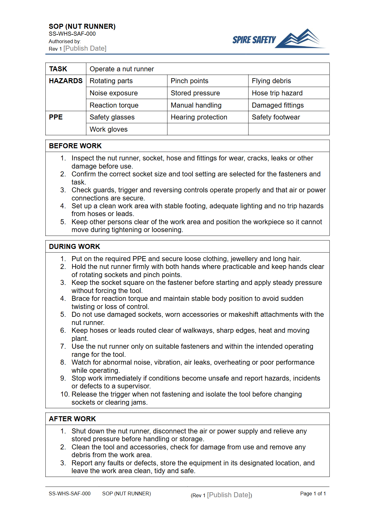 Free Safe Operating Procedure (Nut Runner) Template — document preview