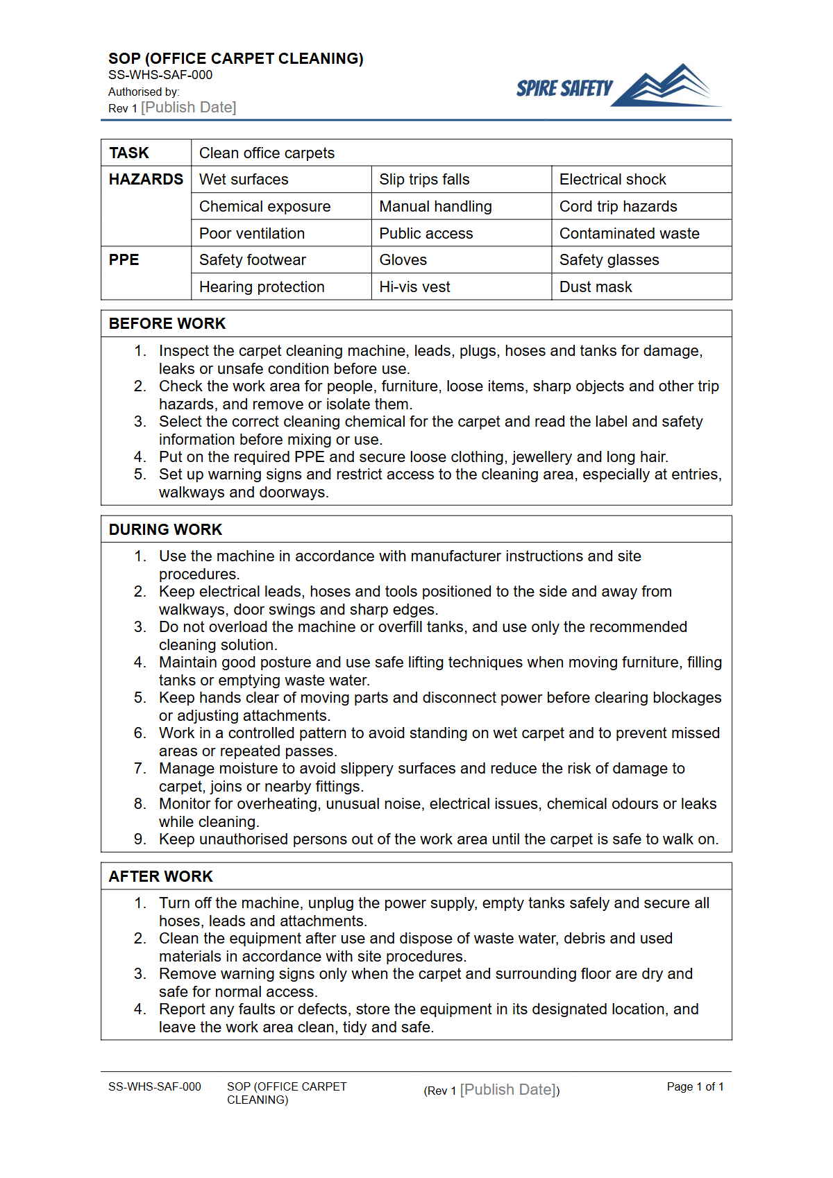 Free Safe Operating Procedure (Office Carpet Cleaning) Template — document preview