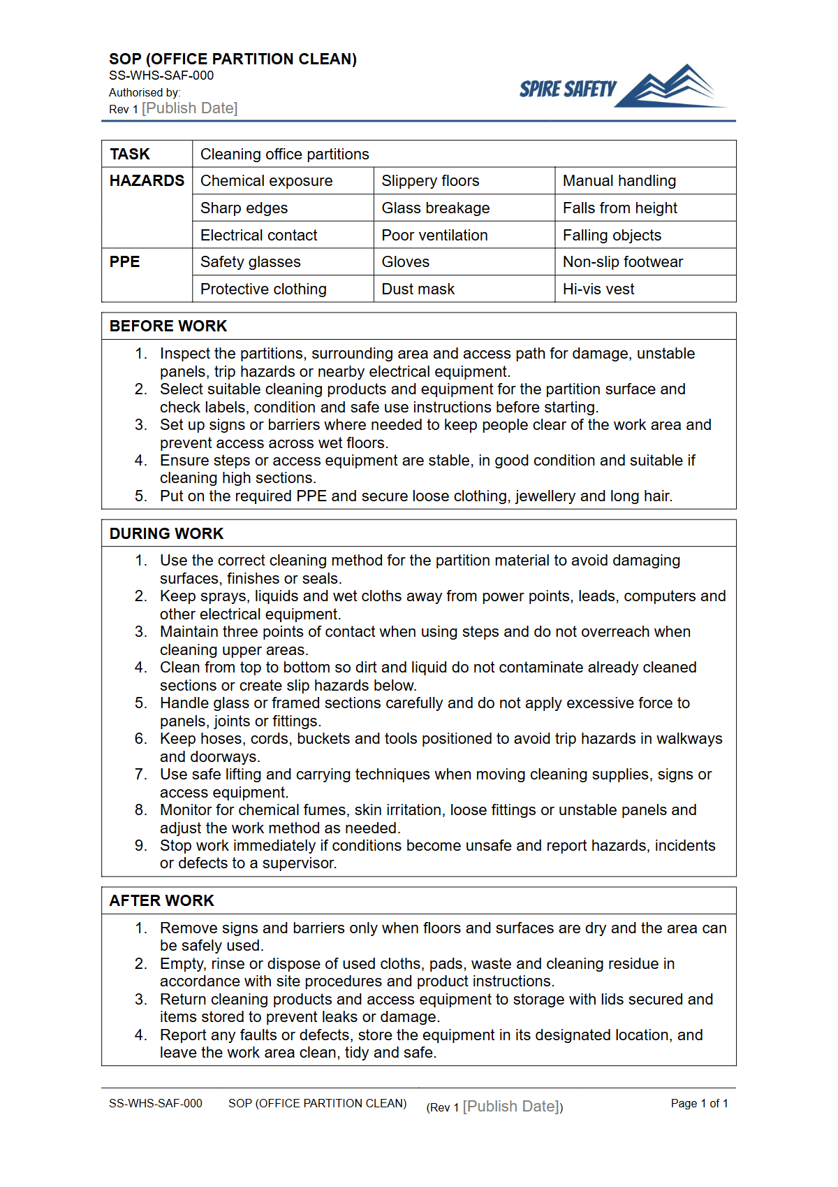 Free Safe Operating Procedure (Office Partition Clean) Template — document preview