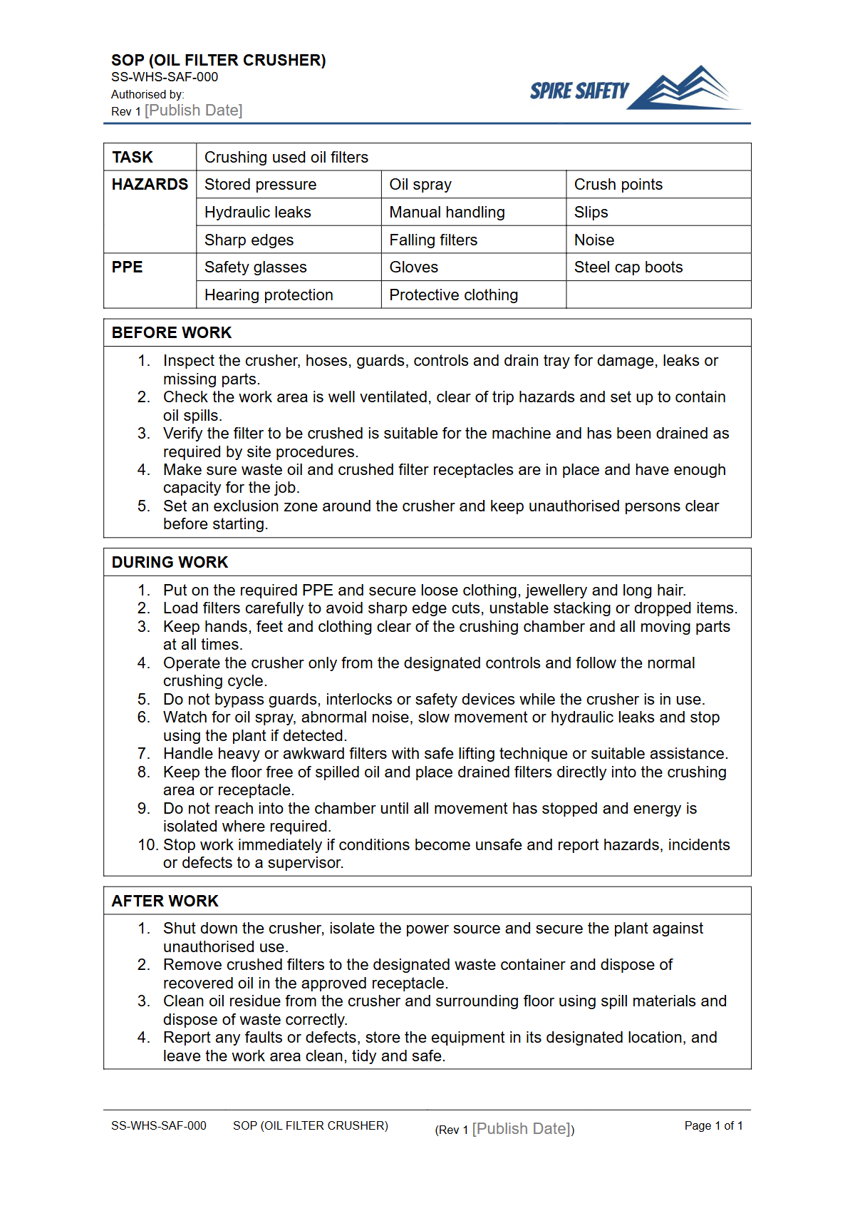 Free Safe Operating Procedure (Oil Filter Crusher) Template — document preview