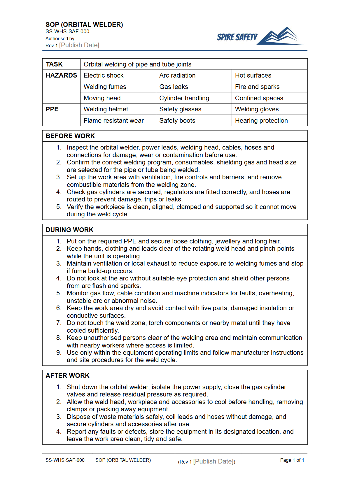 Free Safe Operating Procedure (Orbital Welder) Template — document preview