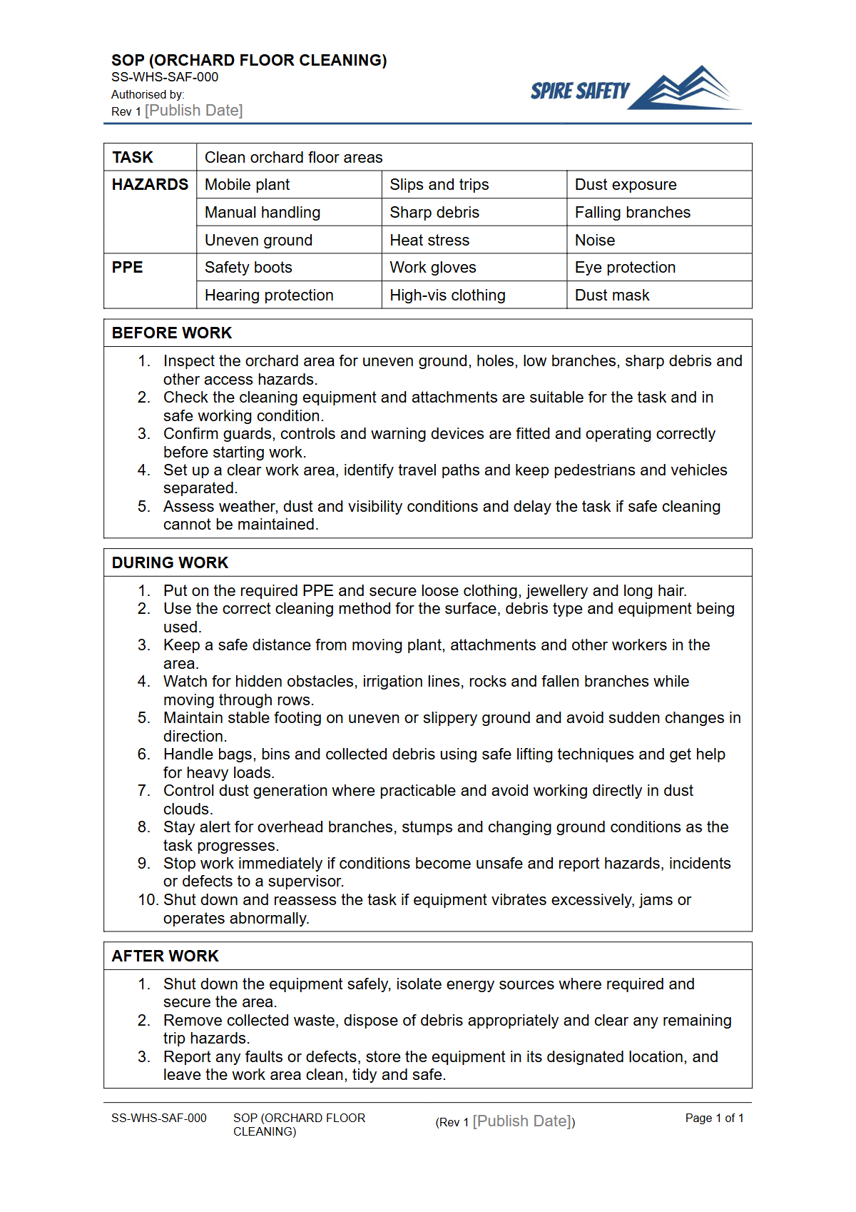Free Safe Operating Procedure (Orchard Floor Cleaning) Template — document preview