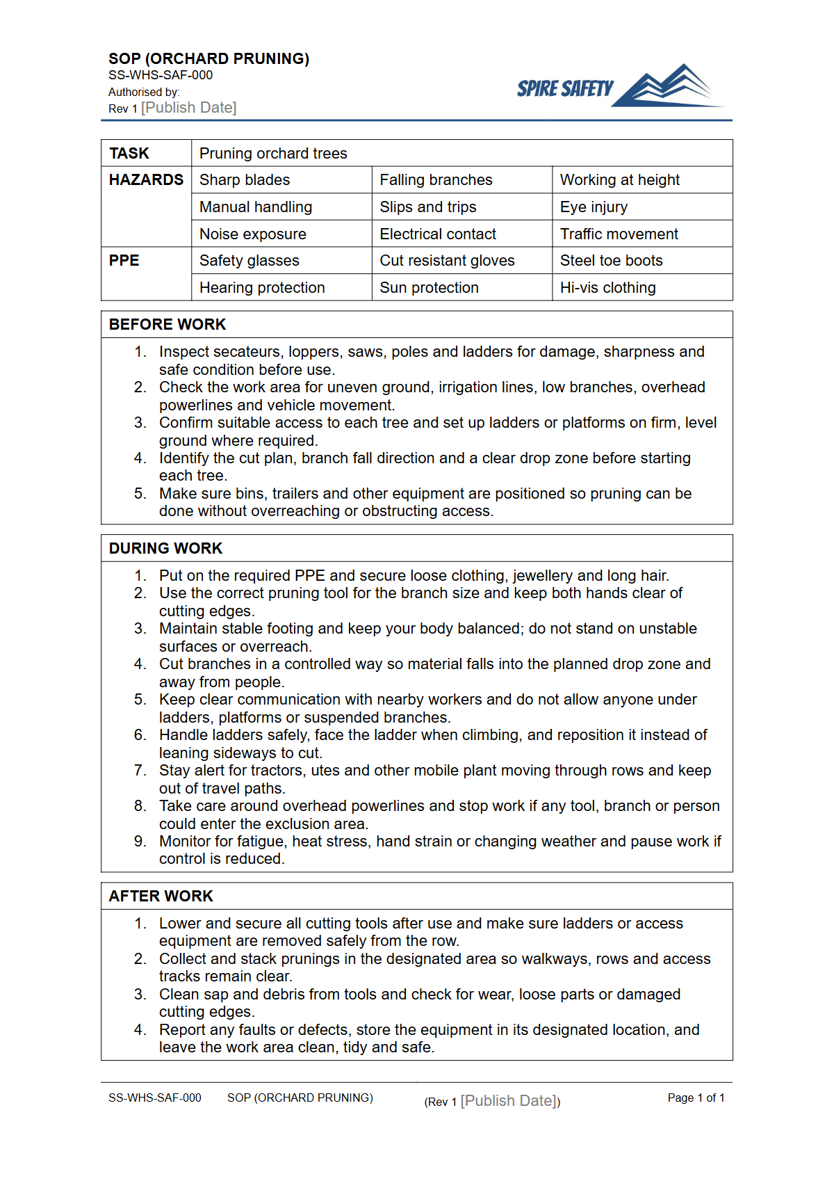 Free Safe Operating Procedure (Orchard Pruning) Template — document preview