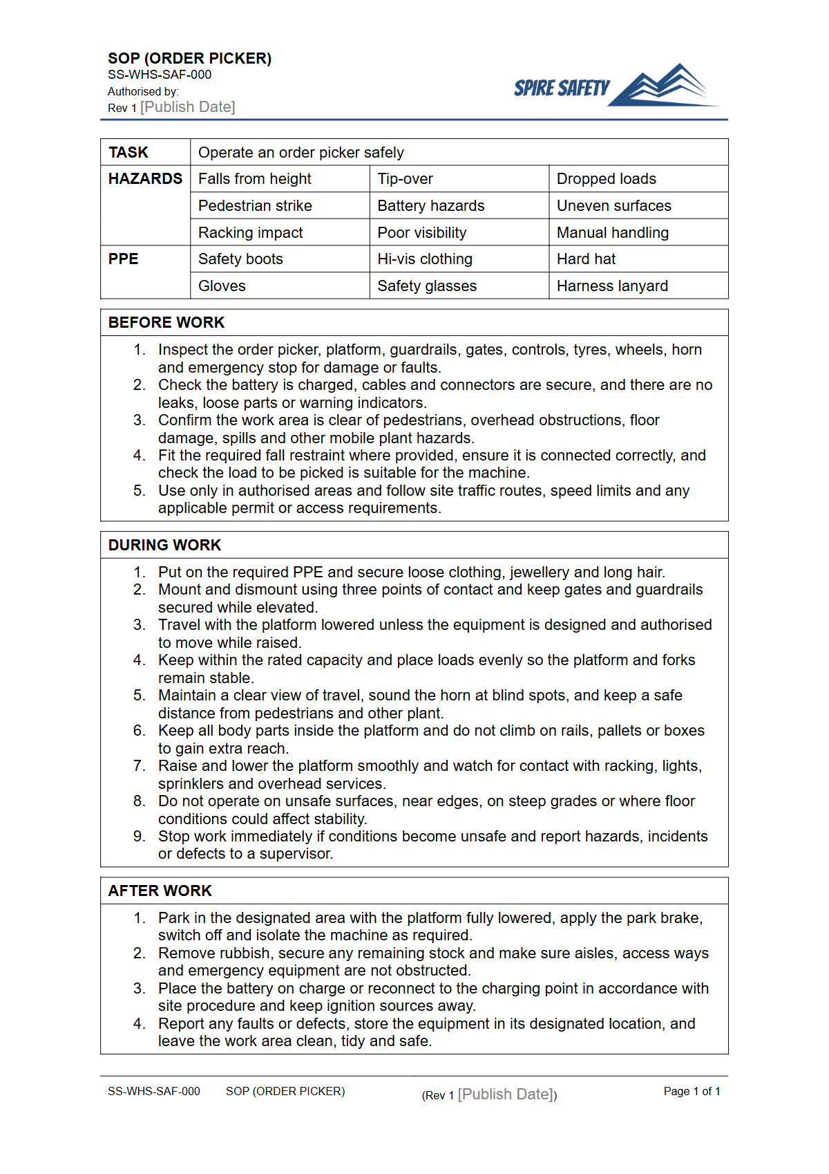 Free Safe Operating Procedure (Order Picker) Template — document preview