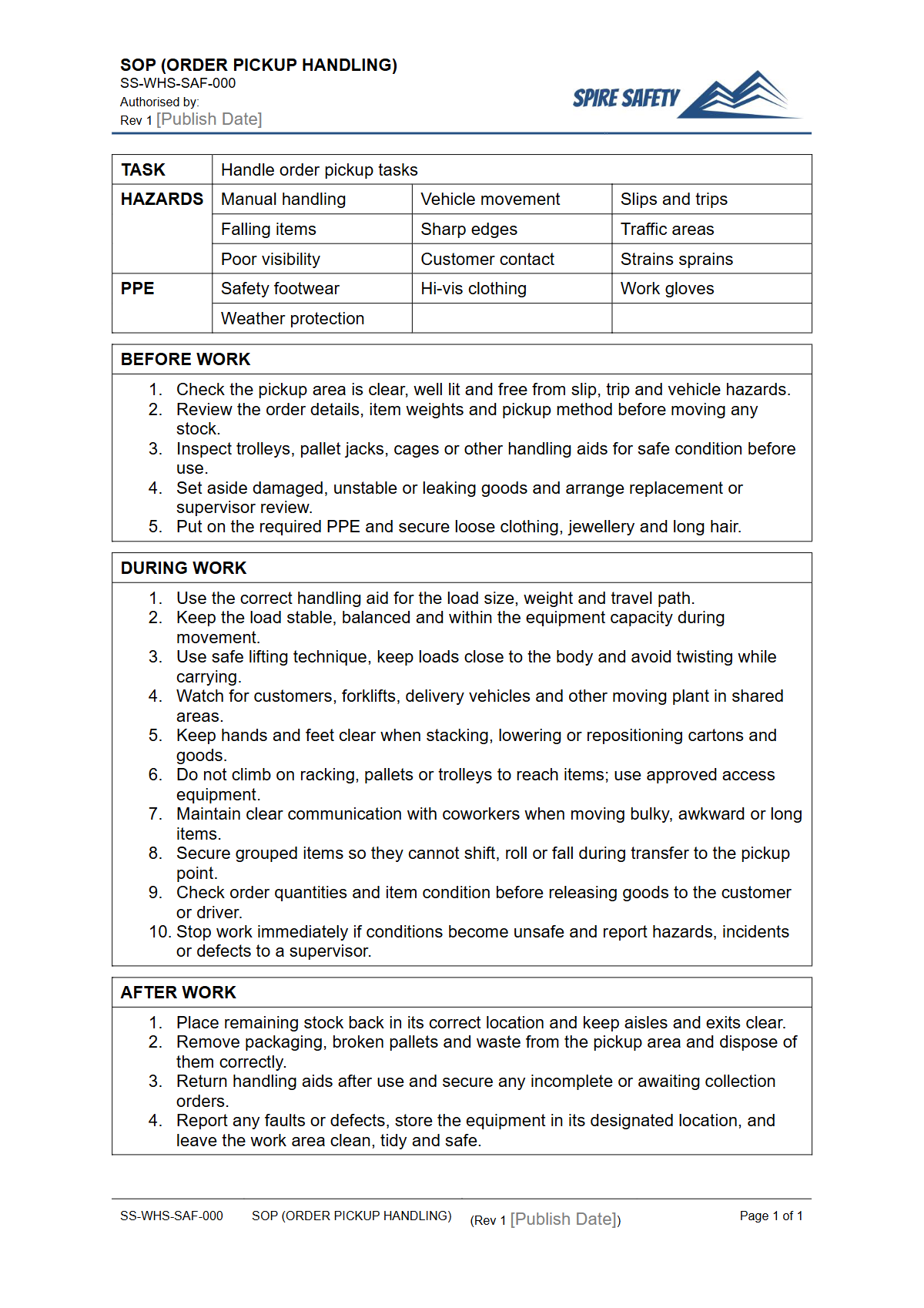 Free Safe Operating Procedure (Order Pickup Handling) Template — document preview