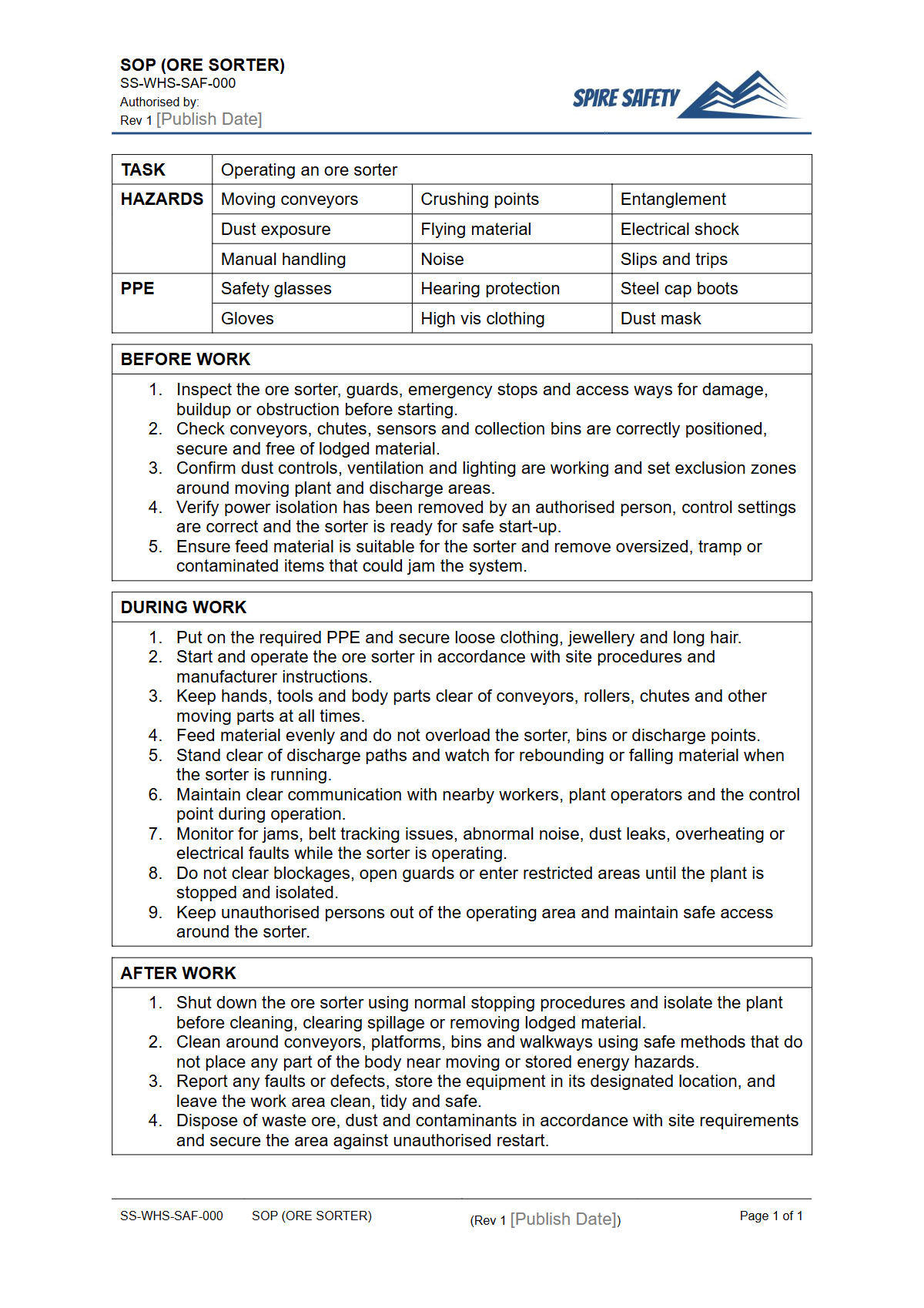 Free Safe Operating Procedure (Ore Sorter) Template — document preview