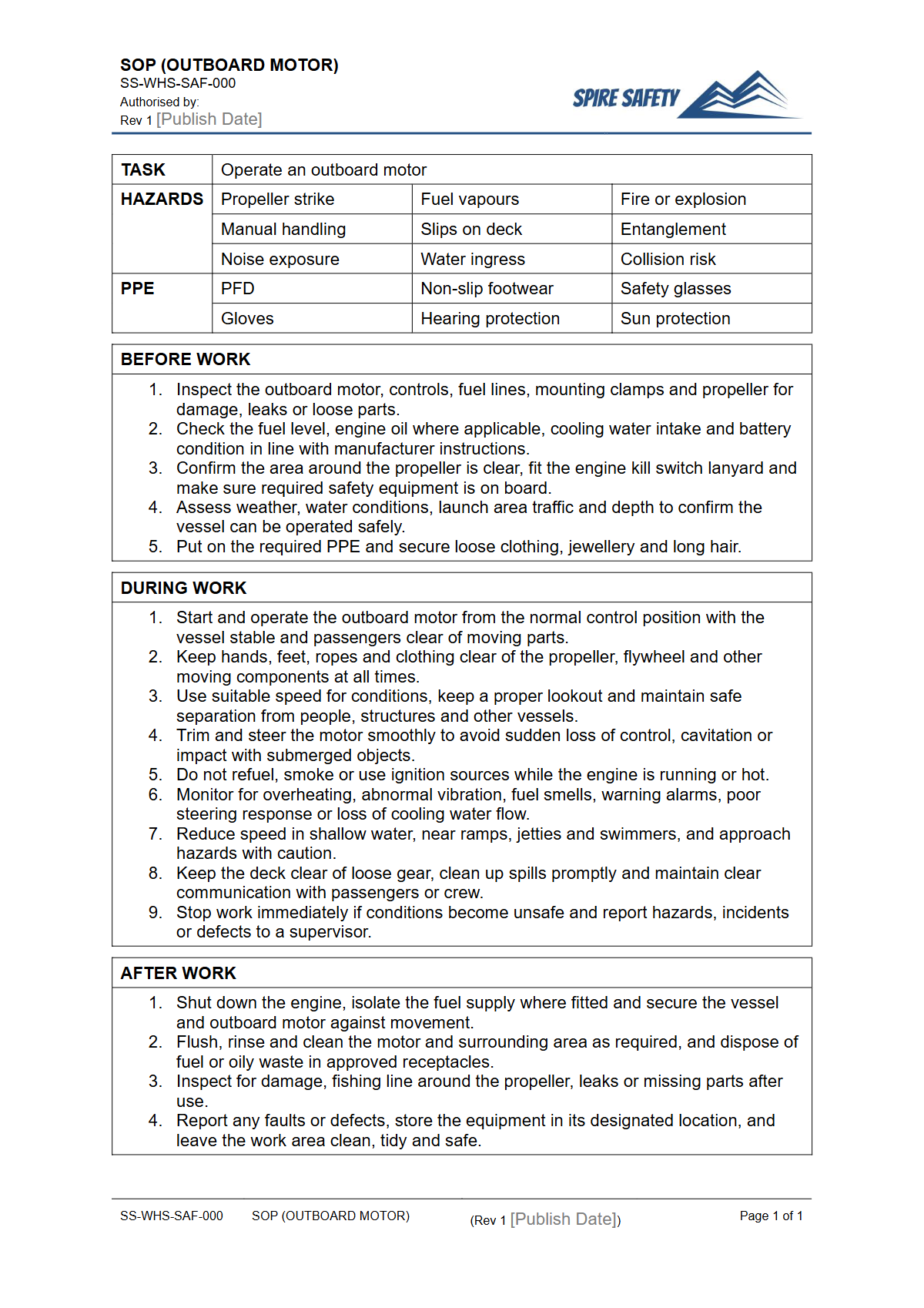 Free Safe Operating Procedure (Outboard Motor) Template — document preview