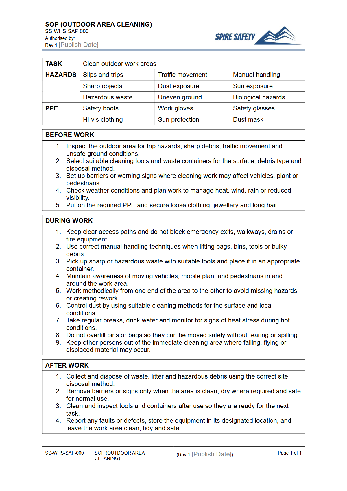 Free Safe Operating Procedure (Outdoor Area Cleaning) Template — document preview