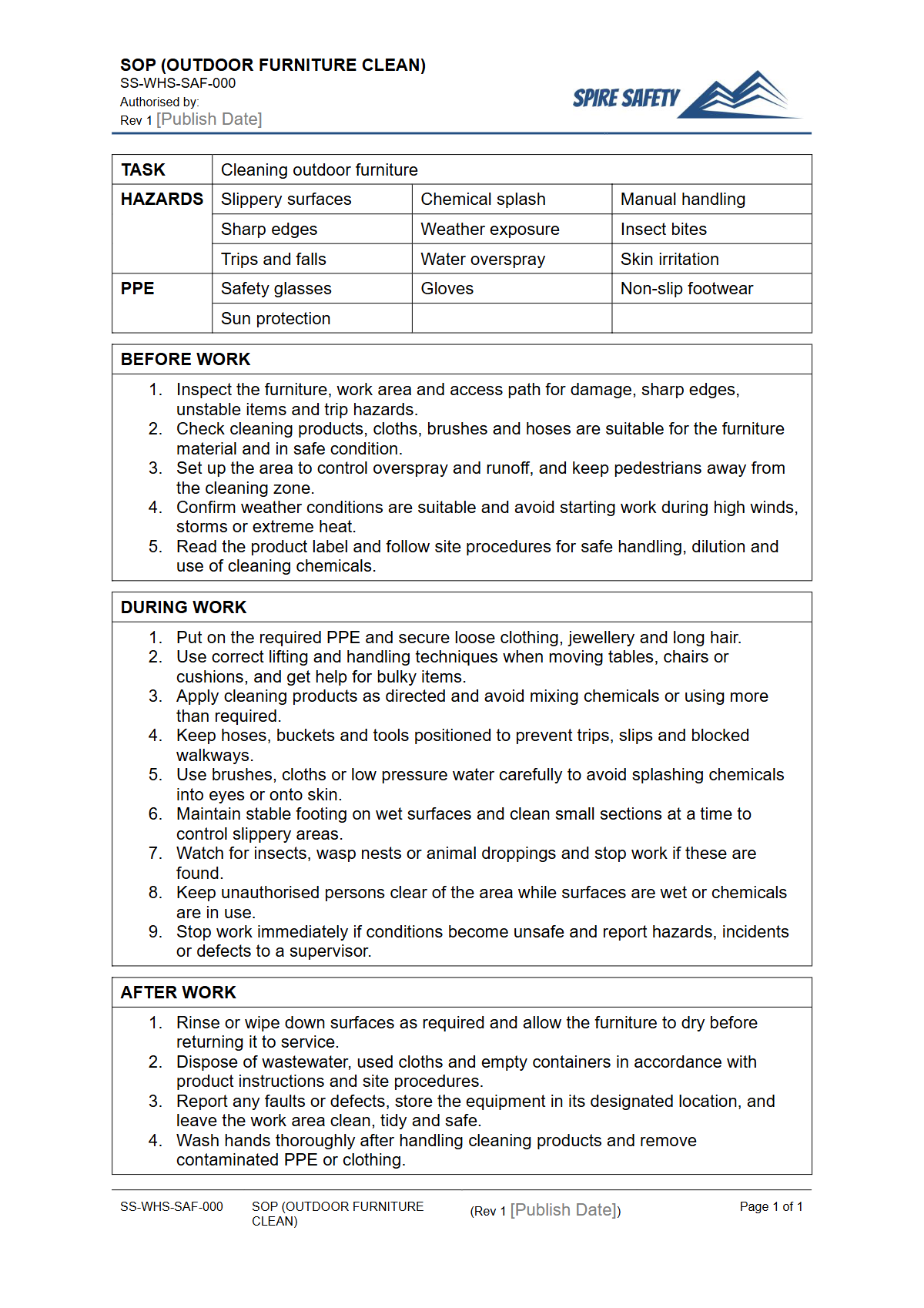 Free Safe Operating Procedure (Outdoor Furniture Clean) Template — document preview