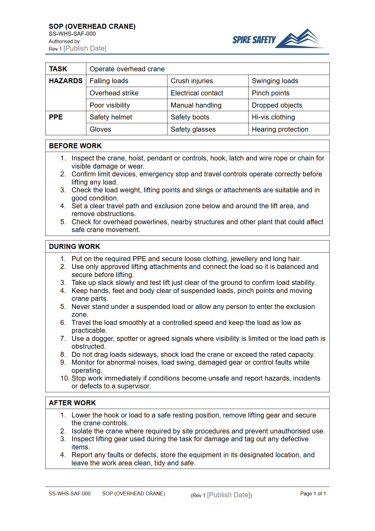 Free Safe Operating Procedure (Overhead Crane) Template — document preview