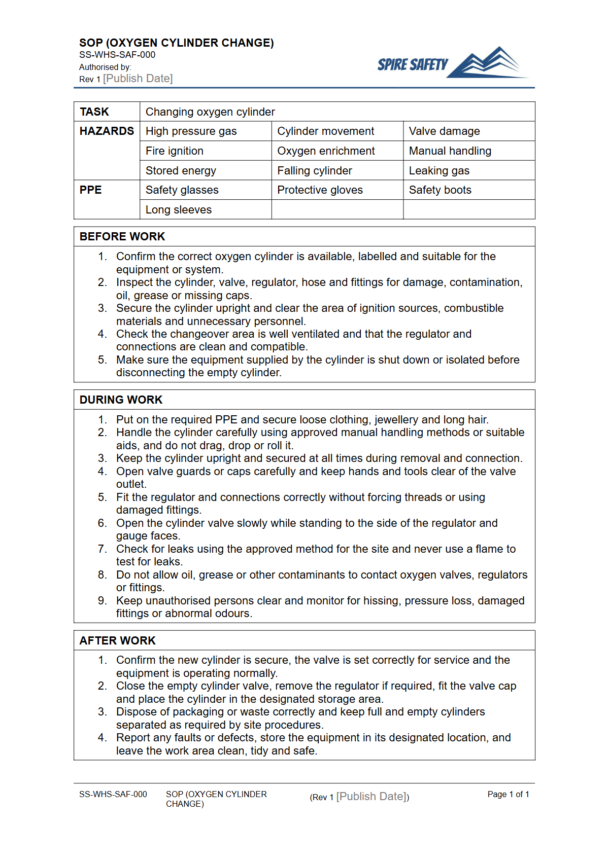 Free Safe Operating Procedure (Oxygen Cylinder Change) Template — document preview