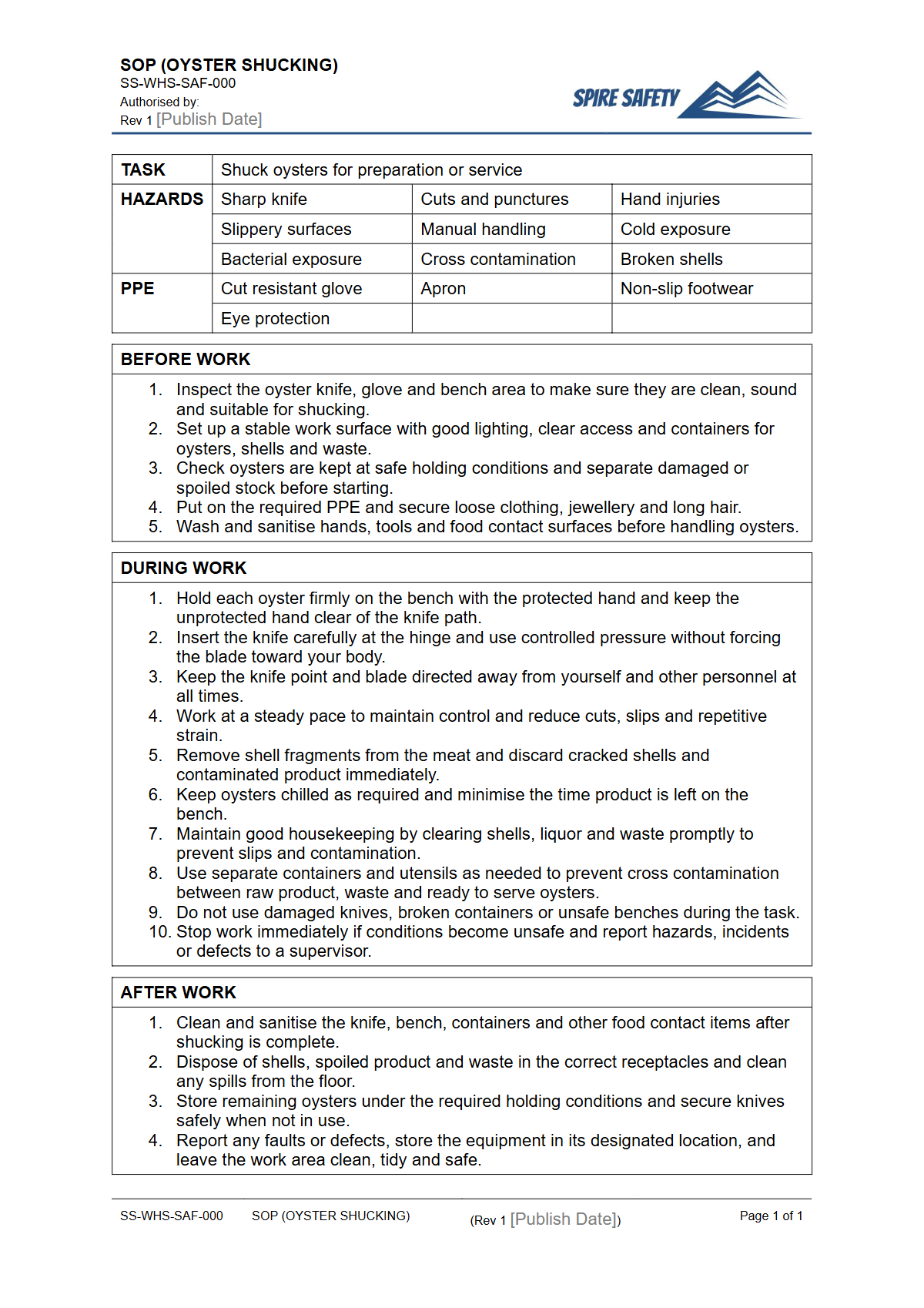 Free Safe Operating Procedure (Oyster Shucking) Template — document preview